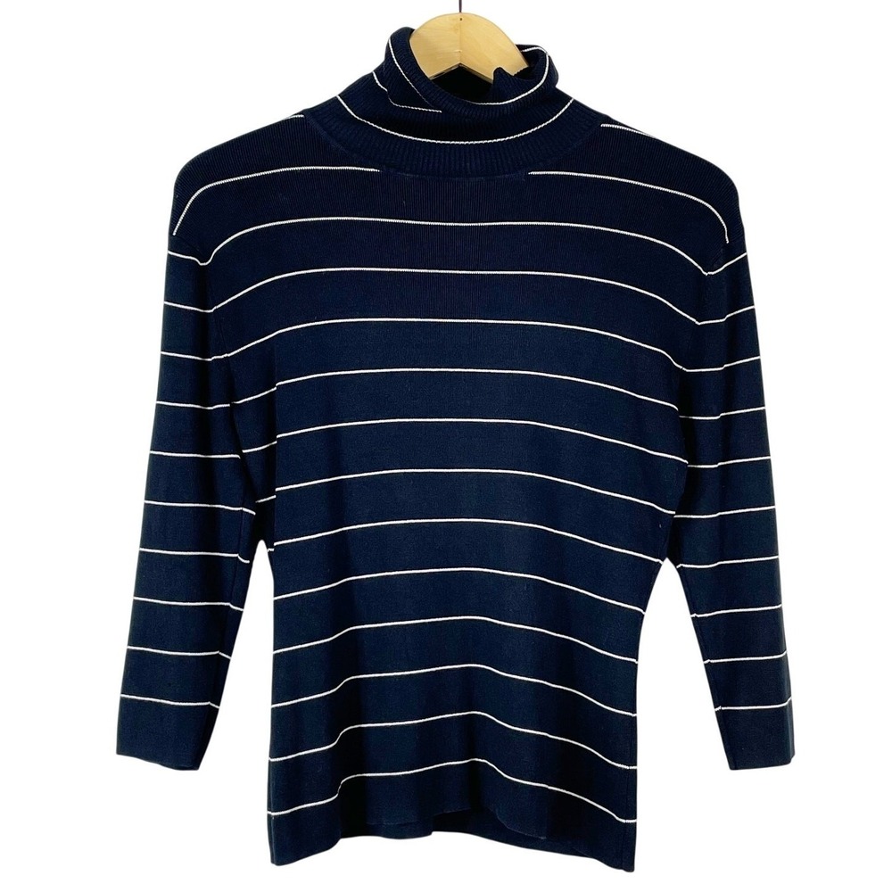 Harold's Women's Black White Pin Stripe Silk Turtleneck Top Size M 3/4 Sleeves
